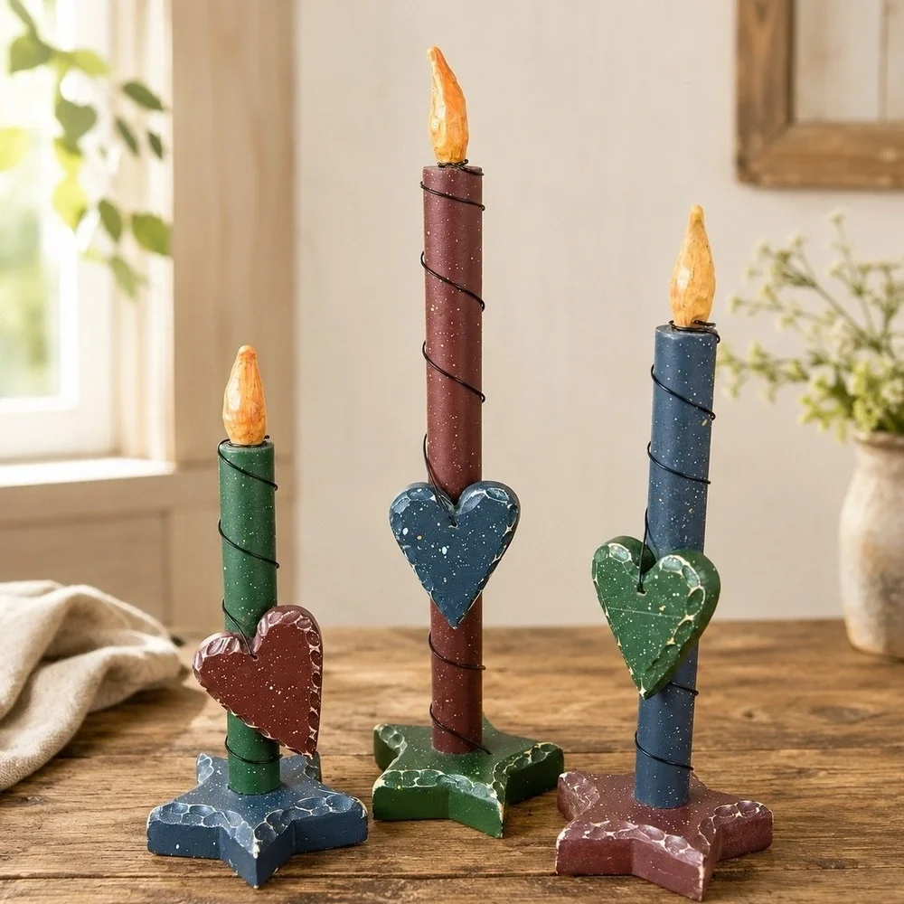 Primitive Wooden Candle Set 3 Rustic Heart Star Base Distressed Folk Art Decor